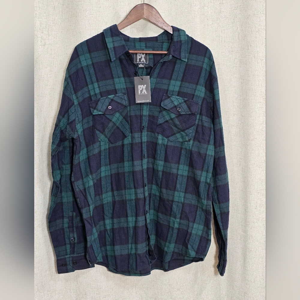 PX Plaid Button-Up Shirt in Navy & Forest Green